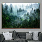 Misty Forest Wall Art Canvas Print, Framed Foggy Mountain Art, Large Scenic Woodland Canvas