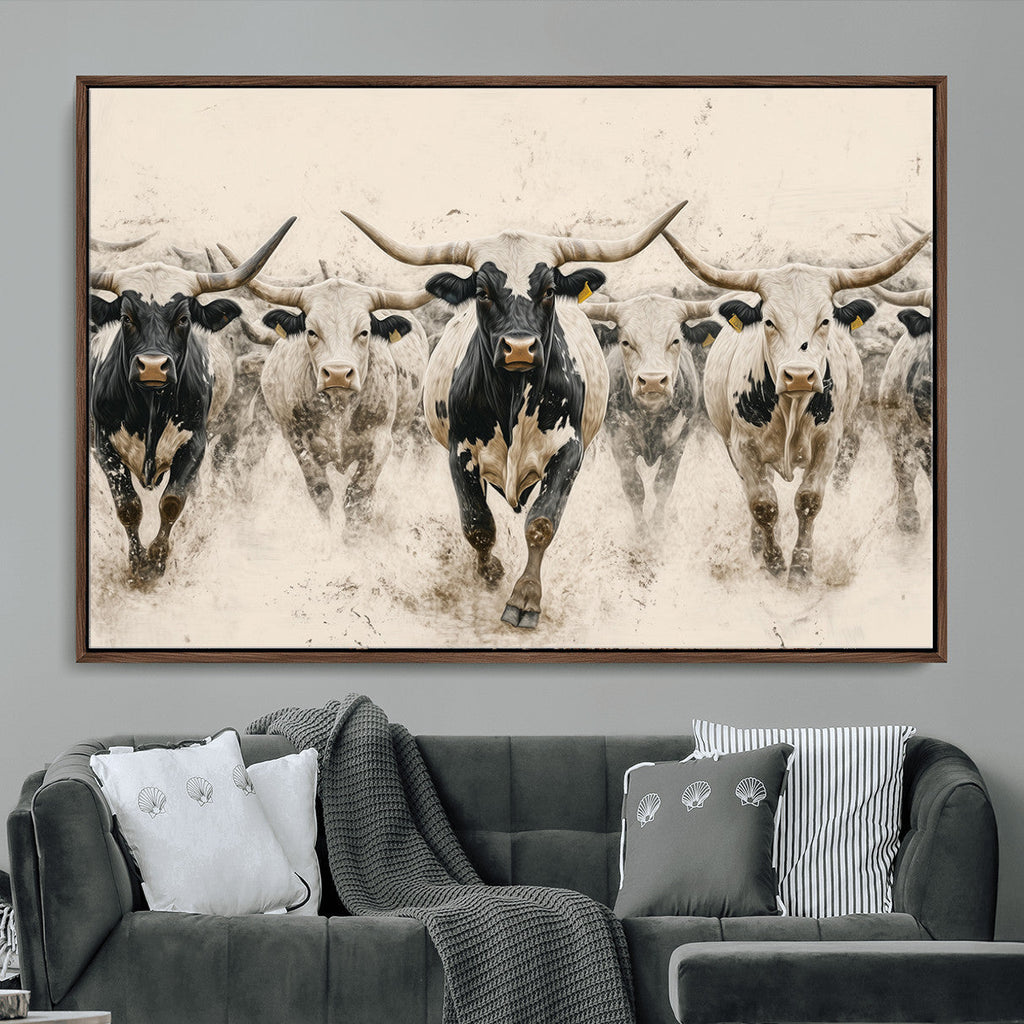 Texas Longhorn Wall Art | Framed Cattle Walking Canvas
