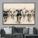 Texas Longhorn Wall Art | Framed Cattle Walking Canvas