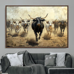 Texas Longhorn Wall Art | Framed Charging Cattle Canvas