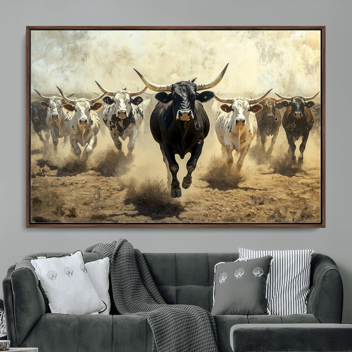 Texas Longhorn Wall Art | Framed Charging Cattle Canvas
