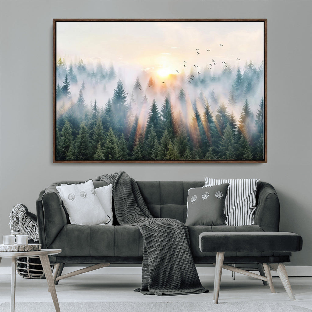 Misty Pine Forest Wall Art Canvas, Sunrise Over Foggy Trees