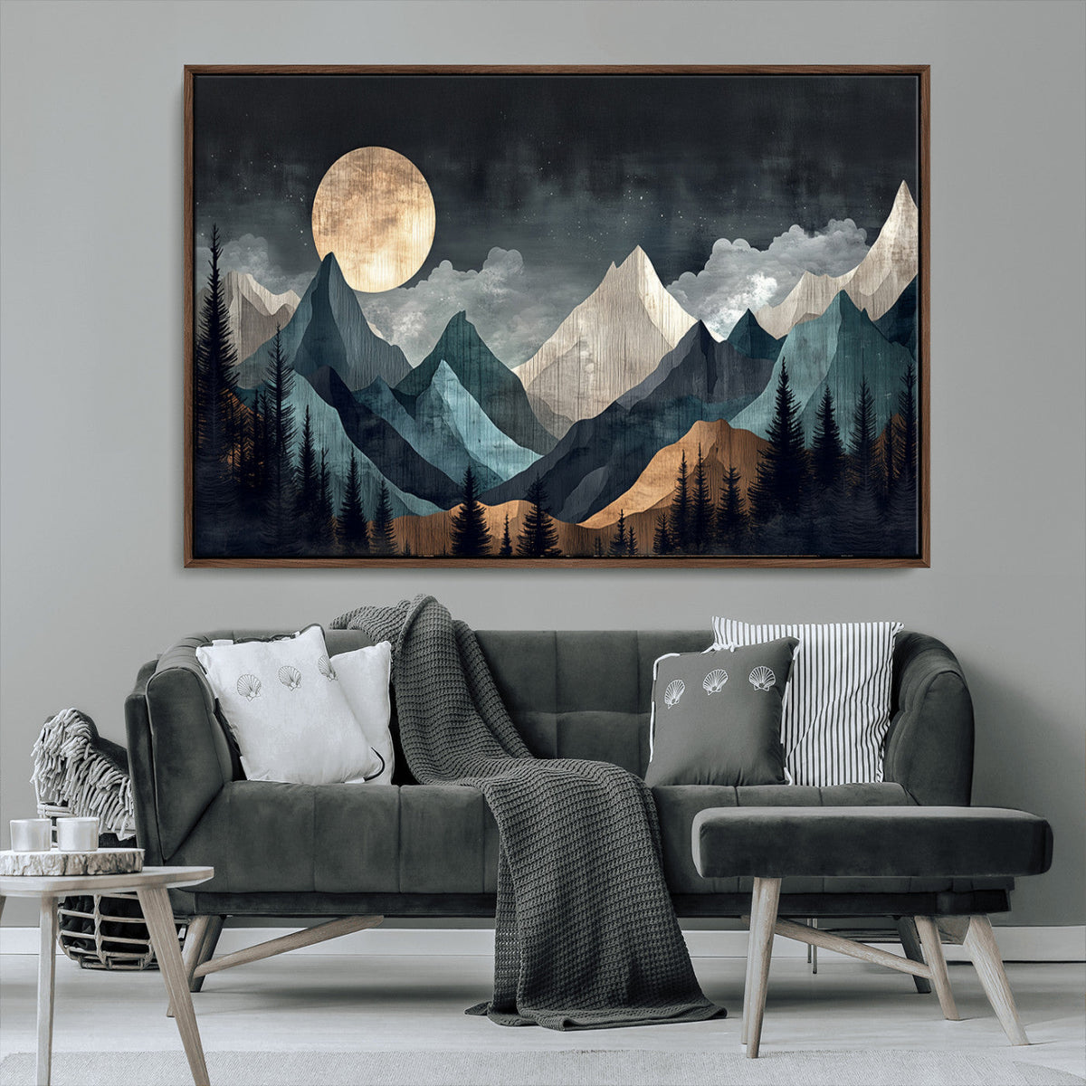 Moonlit Mountain Wall Art Canvas Print, Framed Silhouetted Pines Art, Layered Peaks Rustic Decor
