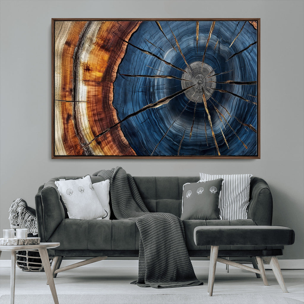 Framed Abstract Tree Ring Wall Art Print, Natural Rustic Wood Grain Canvas Print