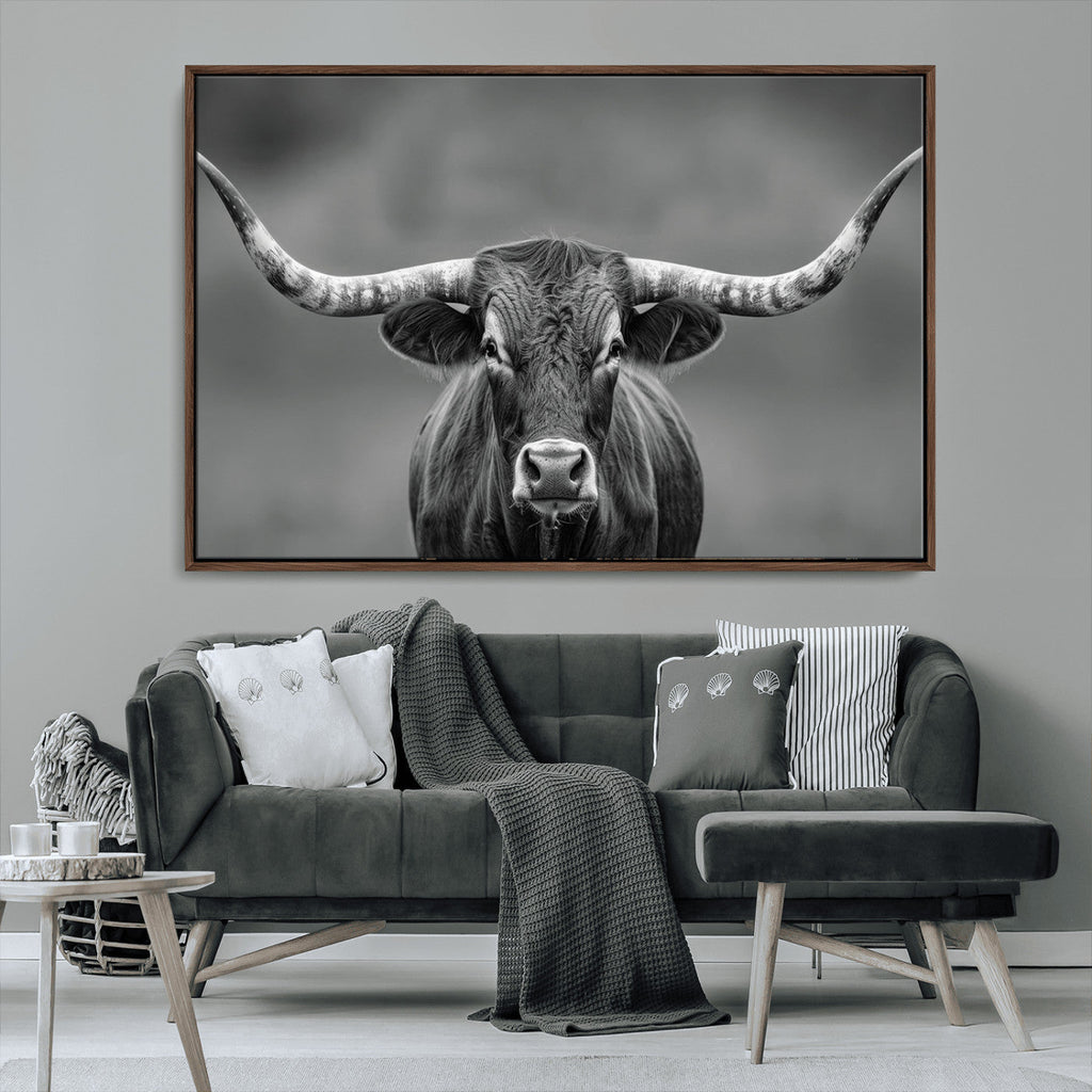 Texas Longhorn Wall Art Canvas Print, Framed Western Bull Photography, Rustic Log Cabin Decor