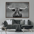 Texas Longhorn Wall Art Canvas Print, Framed Western Bull Photography, Rustic Log Cabin Decor