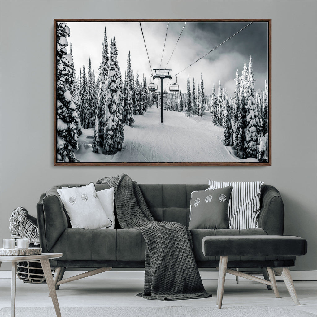 Snowy Pines Wall Art Canvas Print | Ski Lift in a Winter Forest