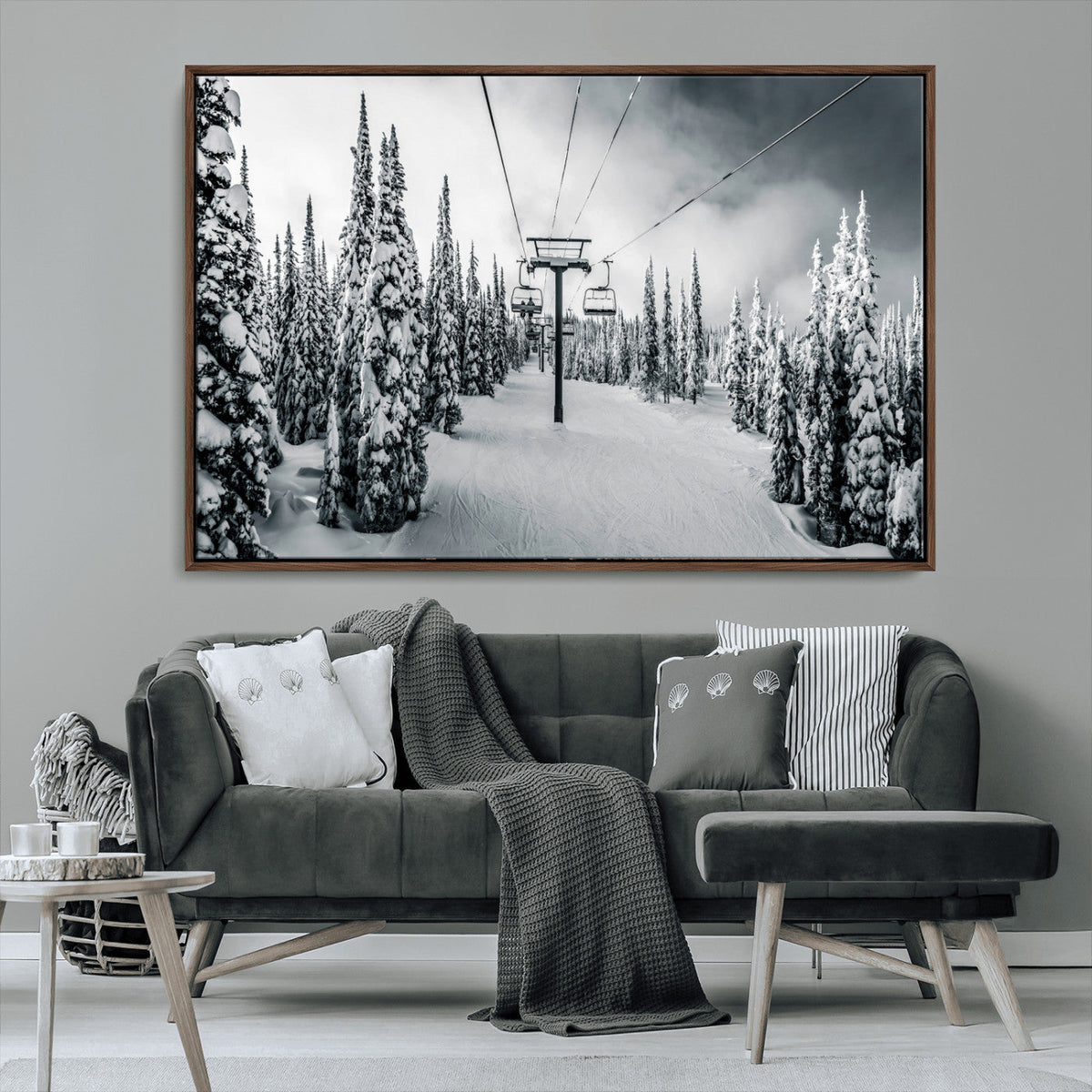Snowy Pines Wall Art Canvas Print | Ski Lift in a Winter Forest