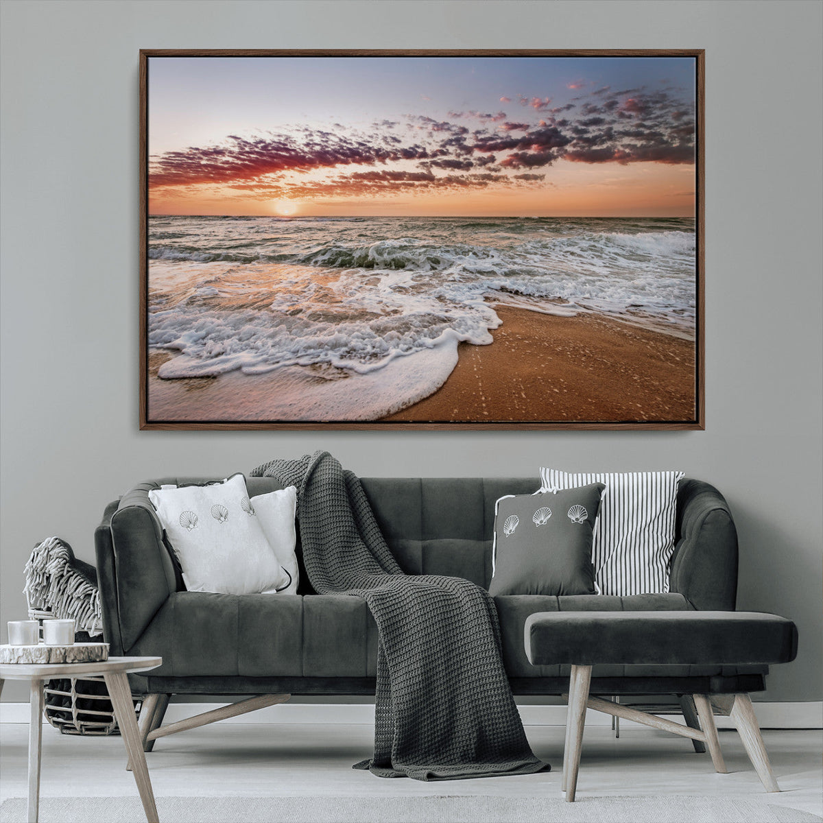 Ocean Sunset Wall Art Canvas Print | Sandy Shore and Gentle Waves