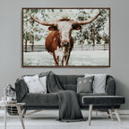 Texas Longhorn Wall Art Canvas Print | Framed Spotted Brown and White Bull
