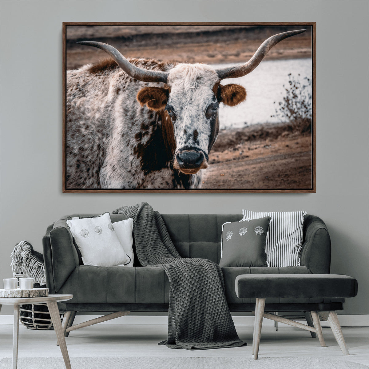 Texas Longhorn Wall Art Canvas Print | Framed Brown and White Spotted Longhorn
