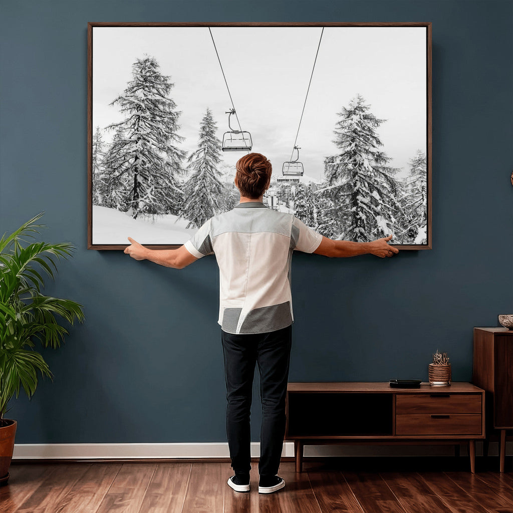 Snowy Ski Lift Wall Art | Framed Winter Forest Canvas