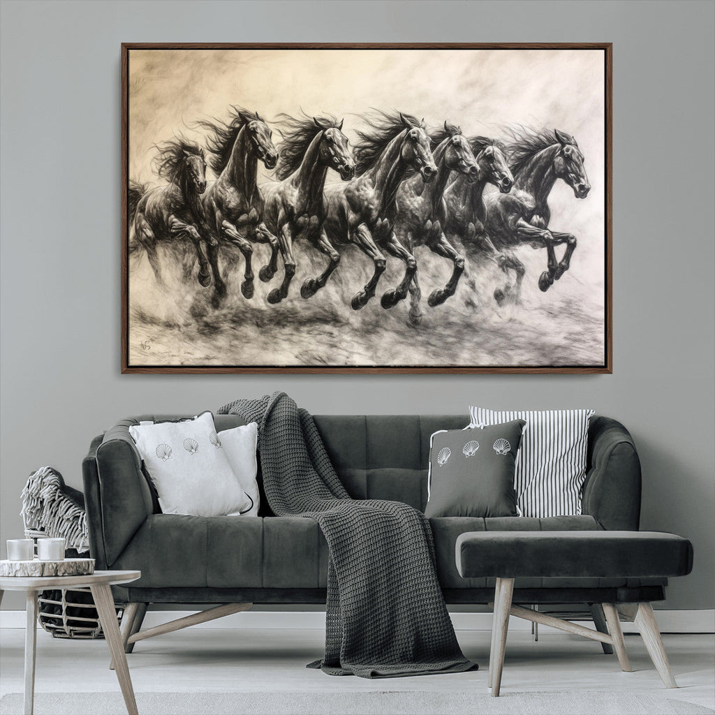 Running Horses Wall Art Canvas Print, Framed Monochrome Galloping Herd Sketch