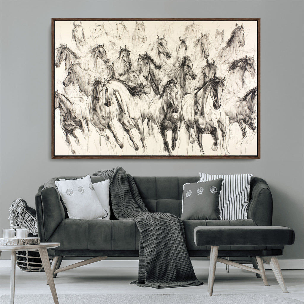 Abstract Horse Wall Art Canvas Print, Framed Horse Sketch with Galloping Herd