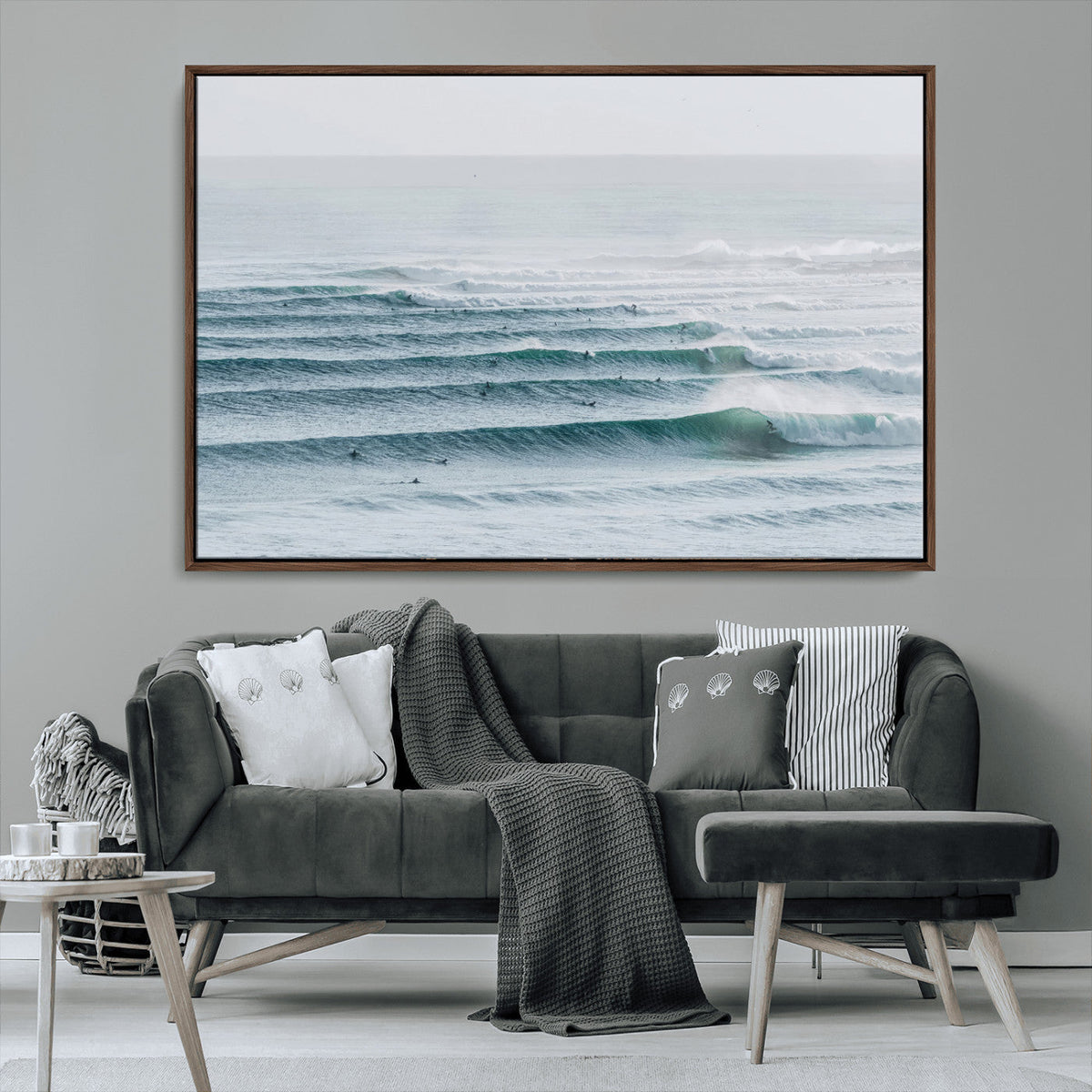 Ocean Waves Wall Art Canvas Print, Framed Surfer Lineup on a Crowded Ocean