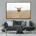 Texas Longhorn Wall Art Canvas Print, Framed Lone Cattle and Longhorn Bull Scene