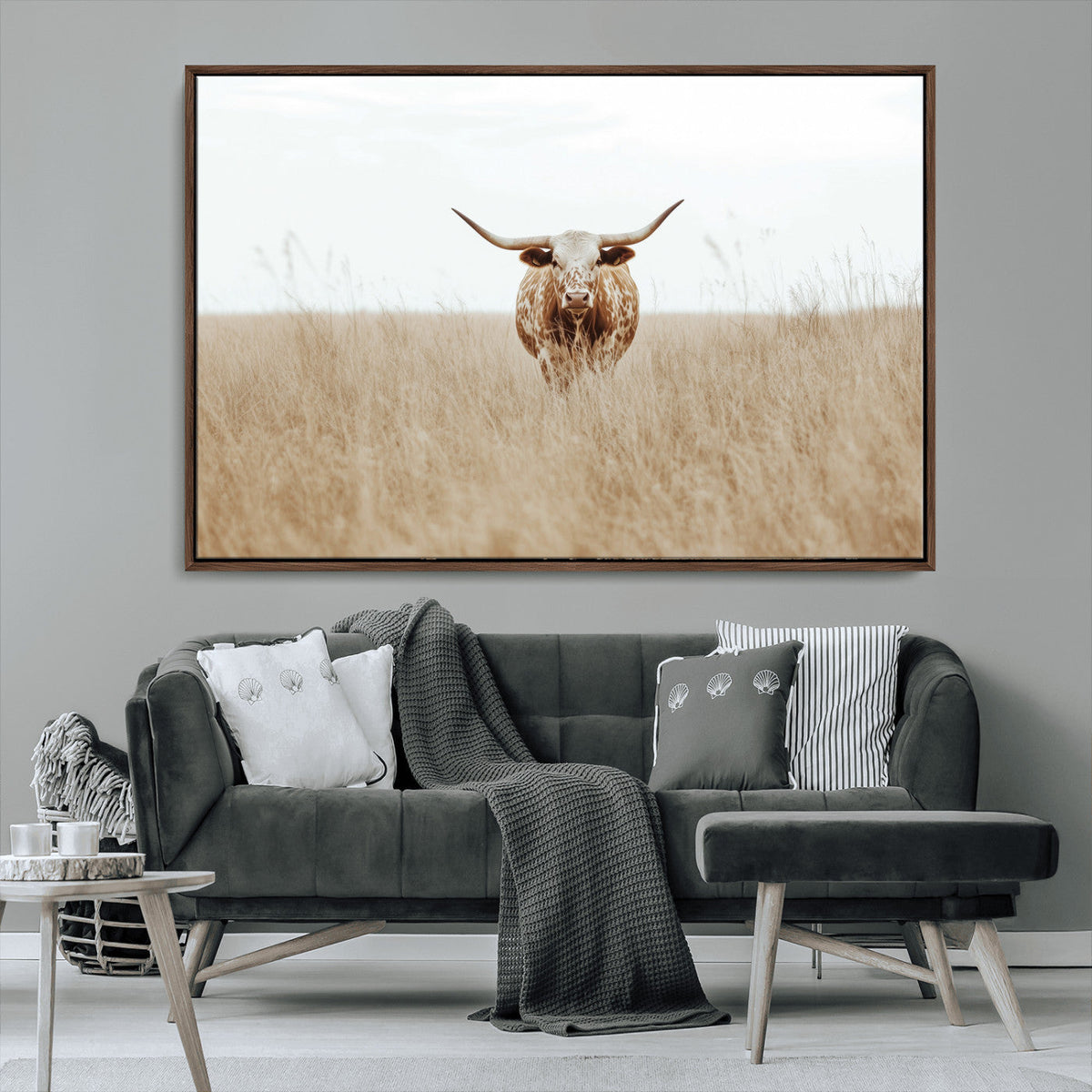 Texas Longhorn Wall Art Canvas Print, Framed Lone Cattle and Longhorn Bull Scene