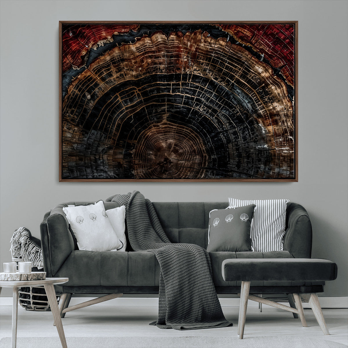 Dark Wood Ring Wall Art Canvas Print, Framed Abstract Tree Slice Print, Rustic Wood Grain Decor