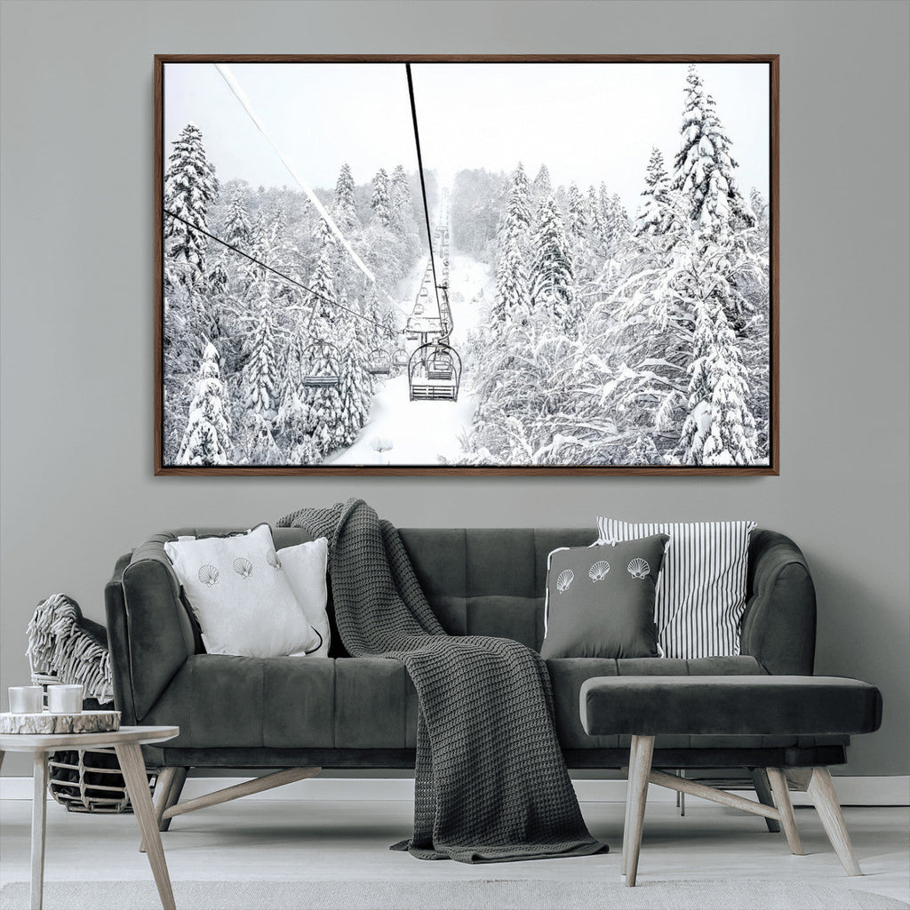 Snowy Ski Lift Wall Art | Framed Winter Mountain Canvas