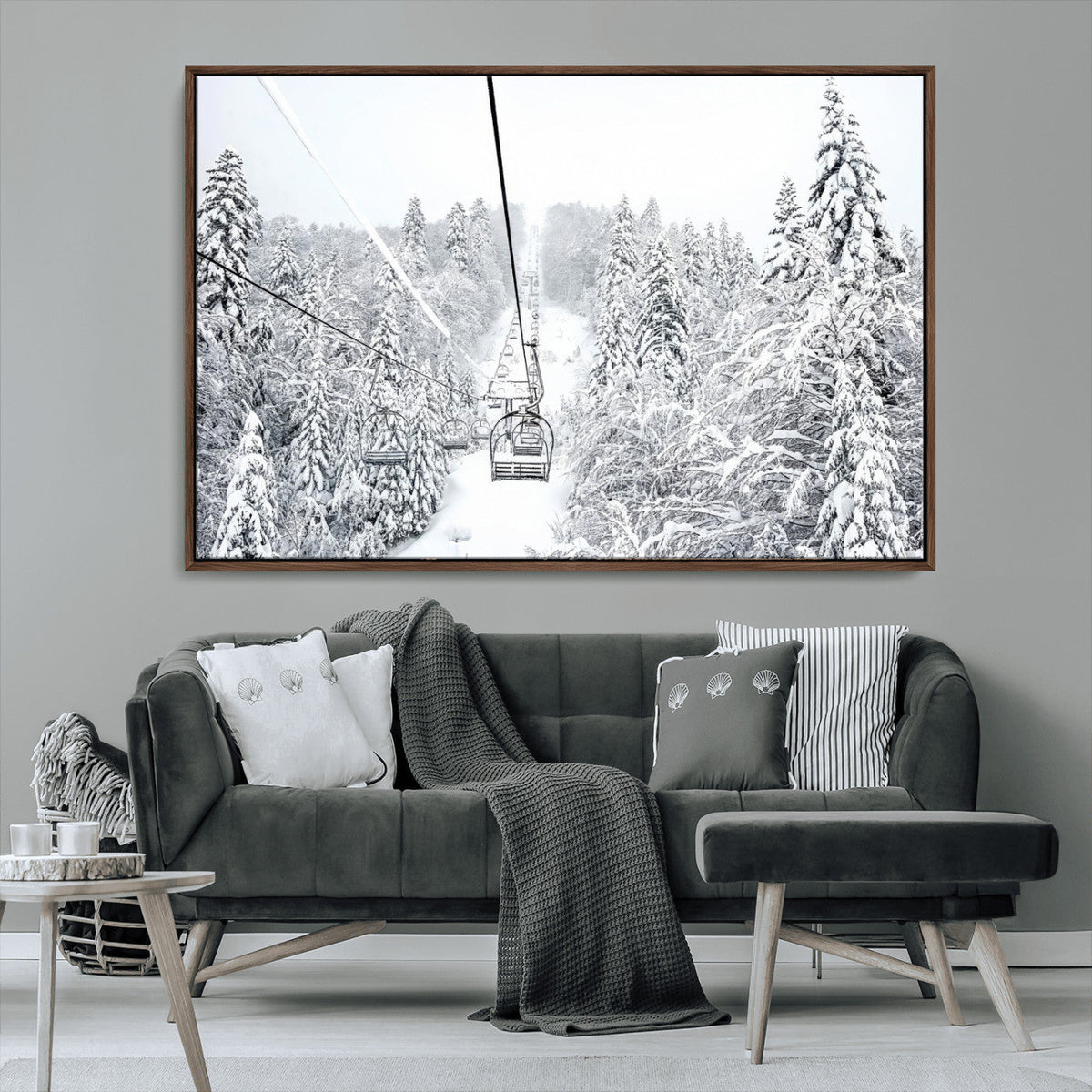 Snowy Ski Lift Wall Art | Framed Winter Mountain Canvas