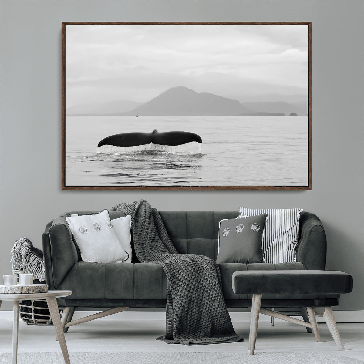 Whale Tail Wall Art | Framed Black White Ocean Canvas