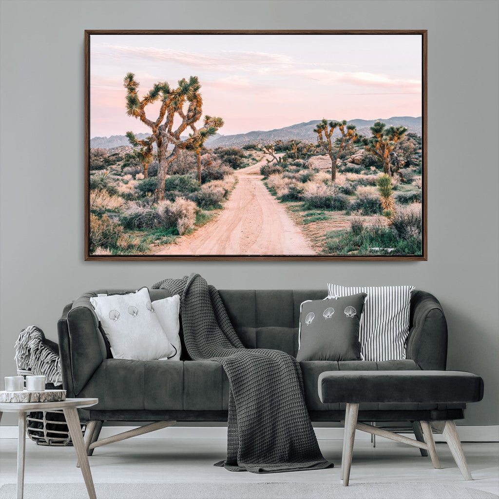 Joshua Tree Wall Art Canvas Print, Framed Desert Road Scene at Sunset