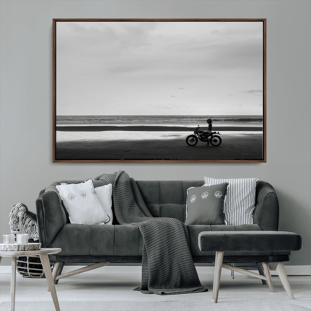 Motorcycle Beach Wall Art Canvas Print, Framed Vintage Motorcycle and Biker Silhouette