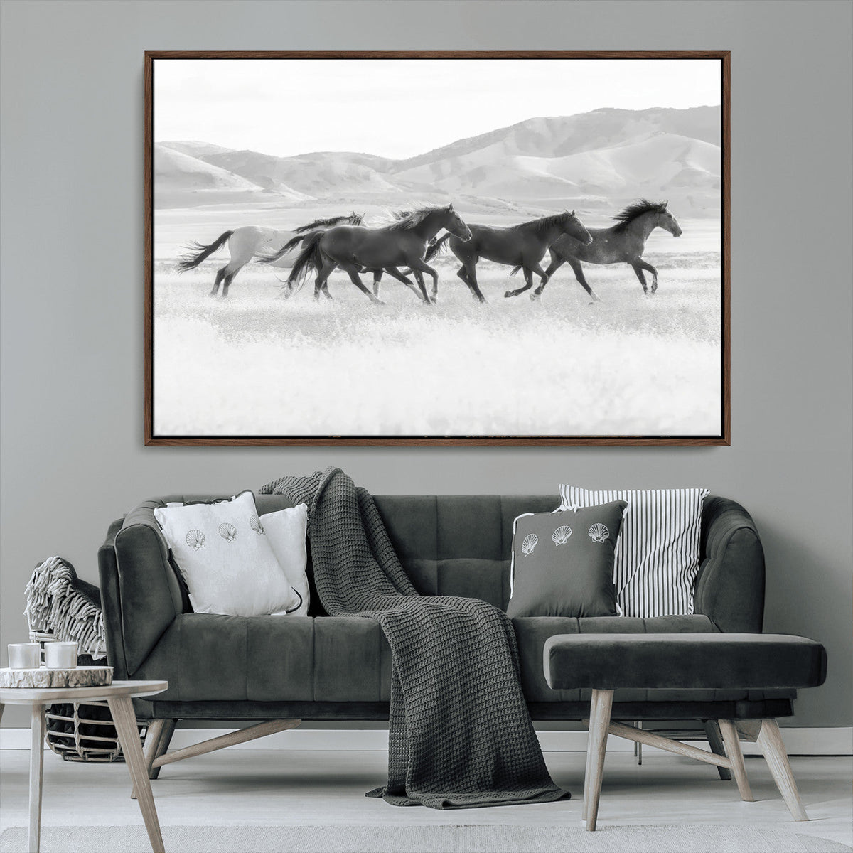 Wild Horses Running Wall Art Canvas Print, Framed Black White Mustangs Artwork
