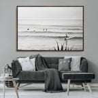 Surfer Silhouette Wall Art Canvas Print, Framed Calm Ocean Monochrome Surf