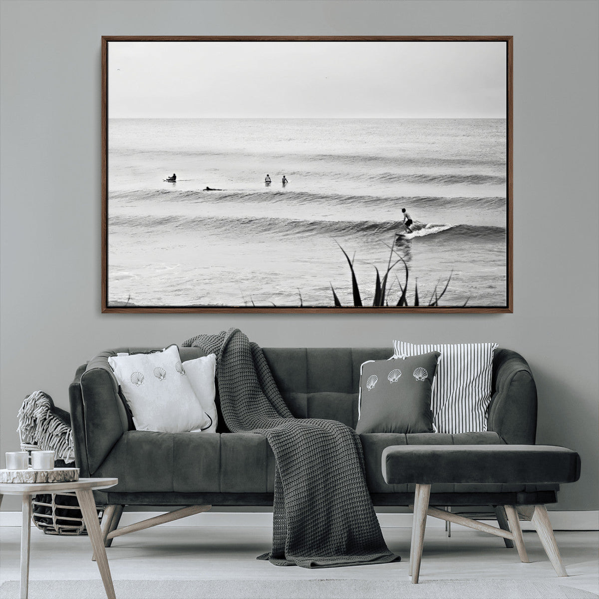 Surfer Silhouette Wall Art Canvas Print, Framed Calm Ocean Monochrome Surf