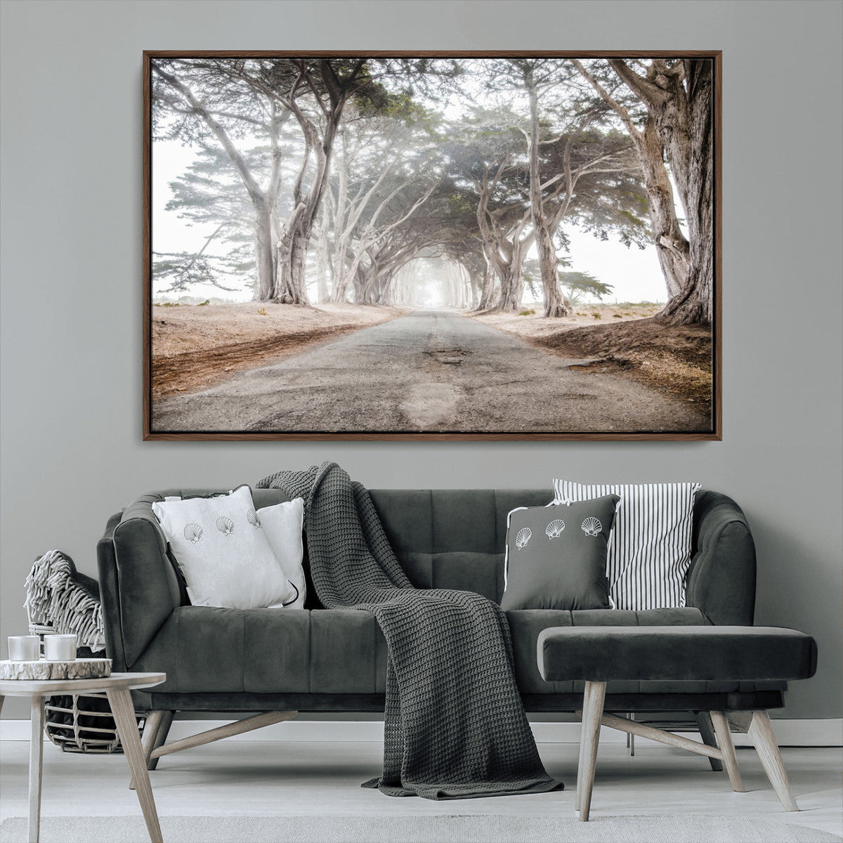 Cypress Tunnel Wall Art | Framed Misty Road Canvas Artwork