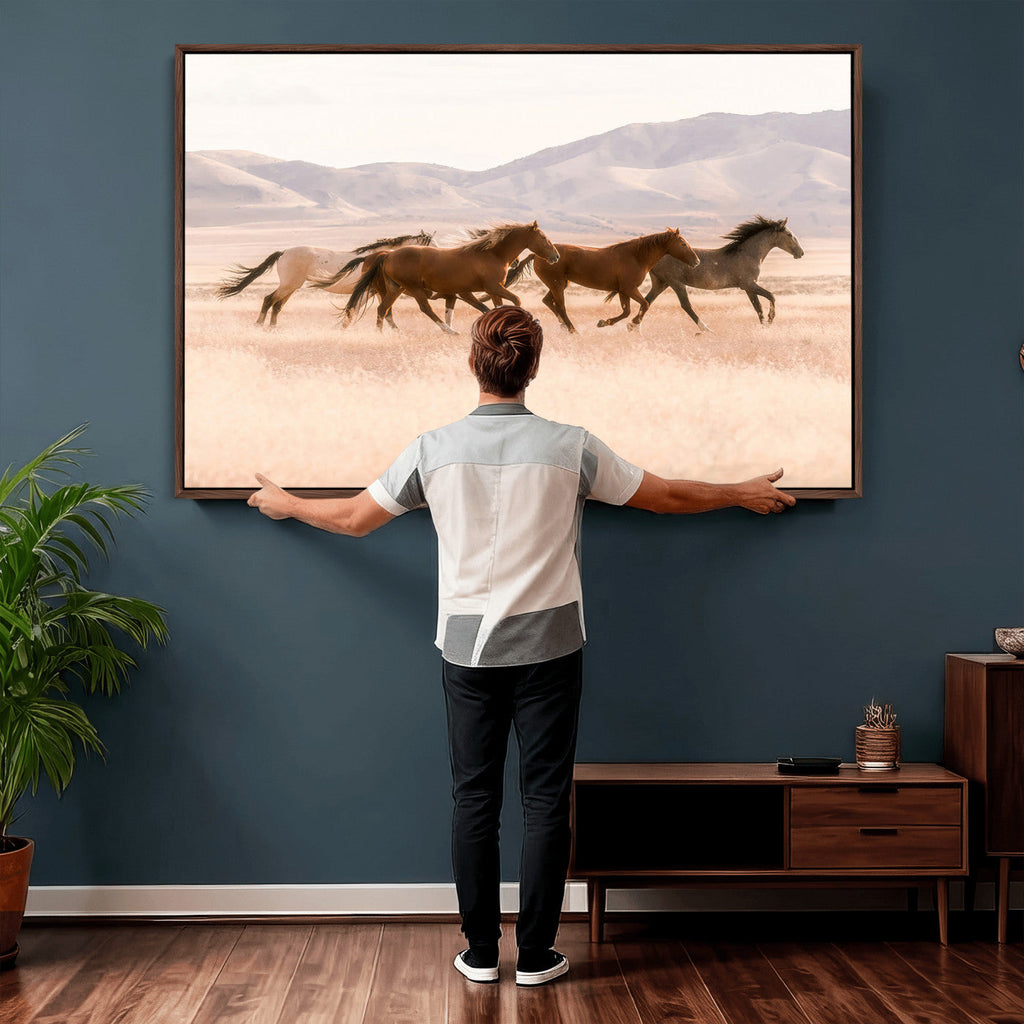 Wild Horse Wall Art Canvas Print, Framed Rustic Western Art, Desert Horse Scene