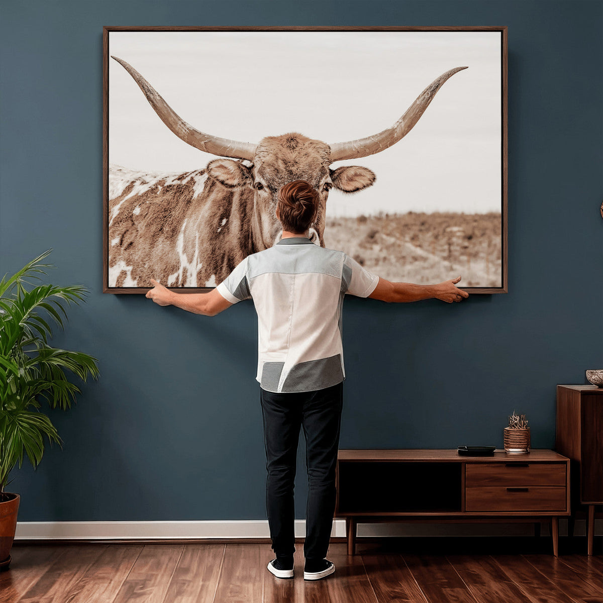 Longhorn Cow Wall Art Canvas Print, Framed Texas Ranch Print, Western Bull Art, Cowboy Decor
