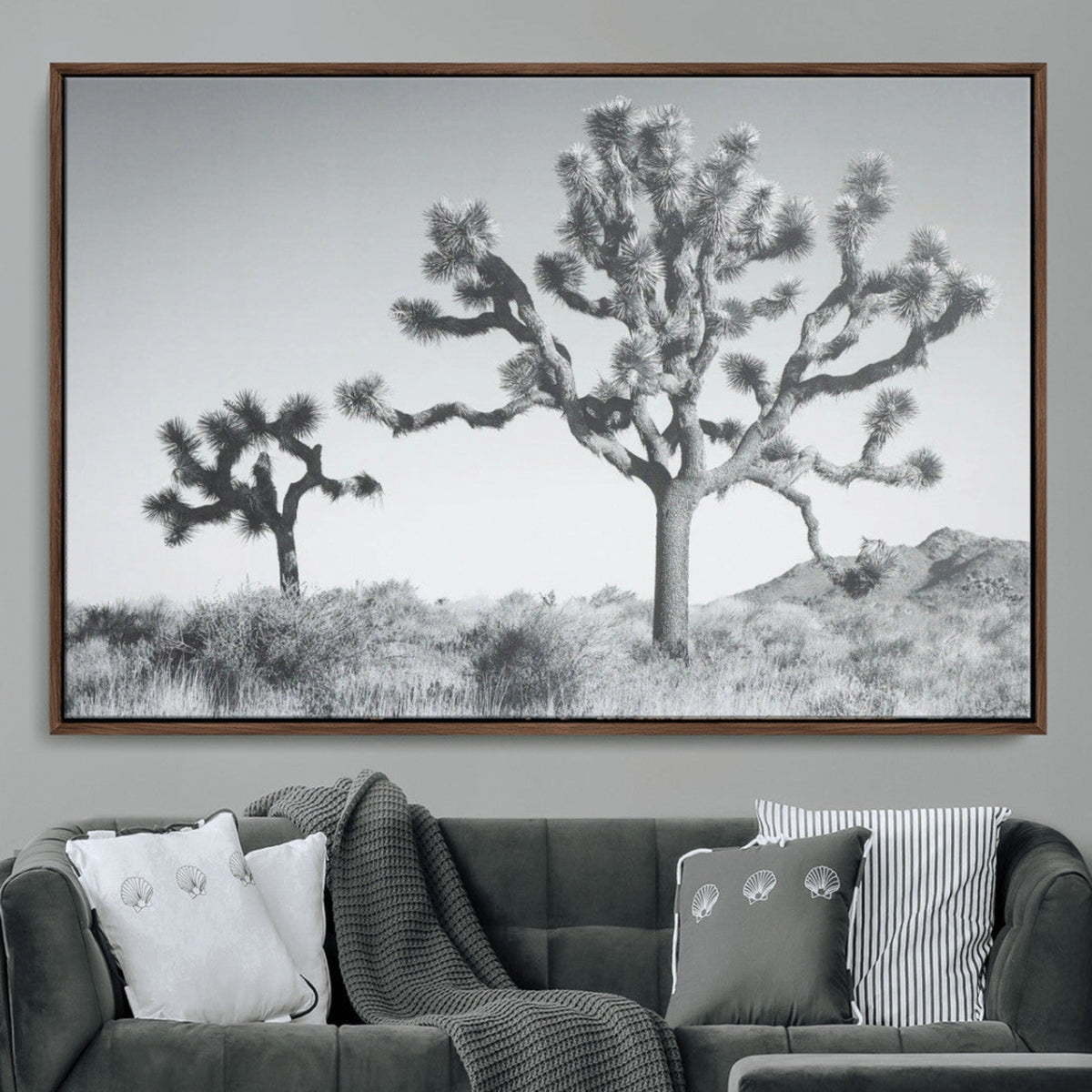 Joshua Tree Wall Art Canvas Print, Framed Black and White Desert Landscape Artwork
