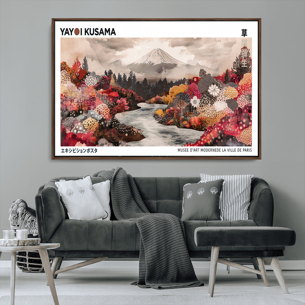 Modern Japanese Wall Art Canvas Print, Framed Abstract Mount Fuji Art, Yayoi Kusama Japanese Landscape