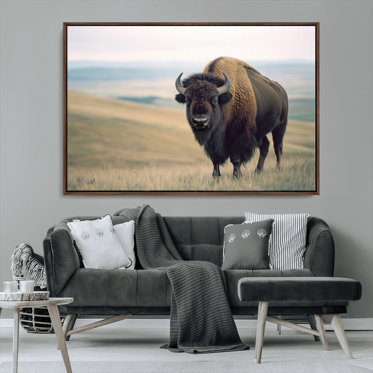 Bison Wall Art Canvas Print, Framed American Buffalo Rustic Western Artwork