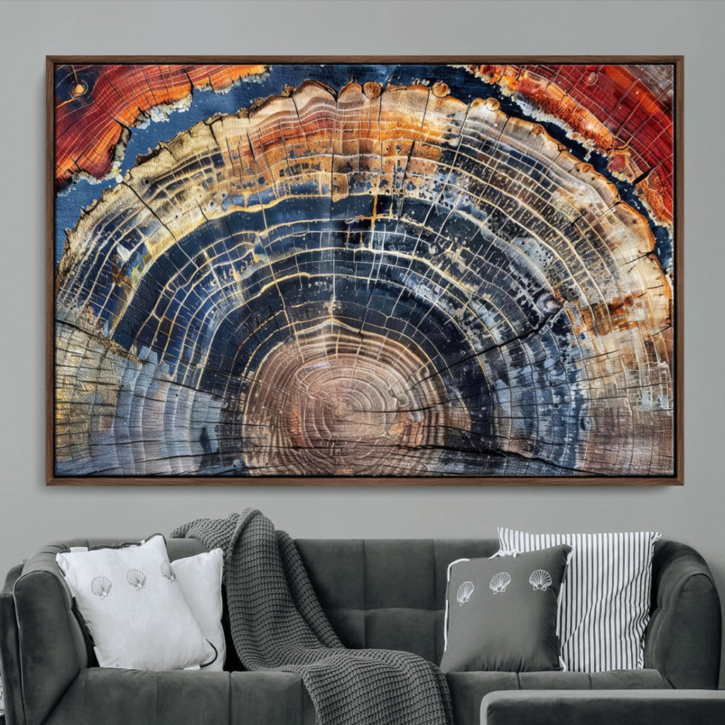 Tree Rings Wall Art Canvas Print, Framed Petrified Wood Modern Rustic