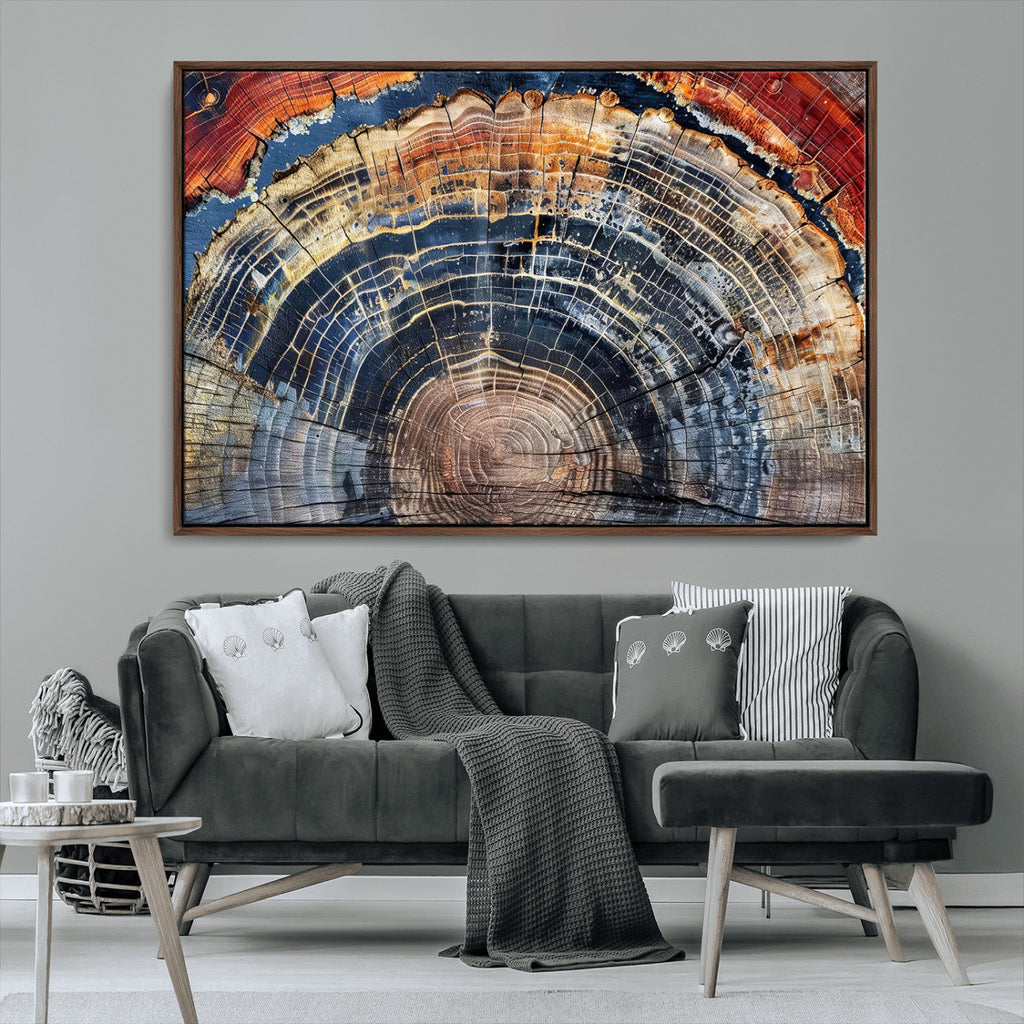 Tree Rings Wall Art Canvas Print, Framed Petrified Wood Art, Modern Rustic Decor