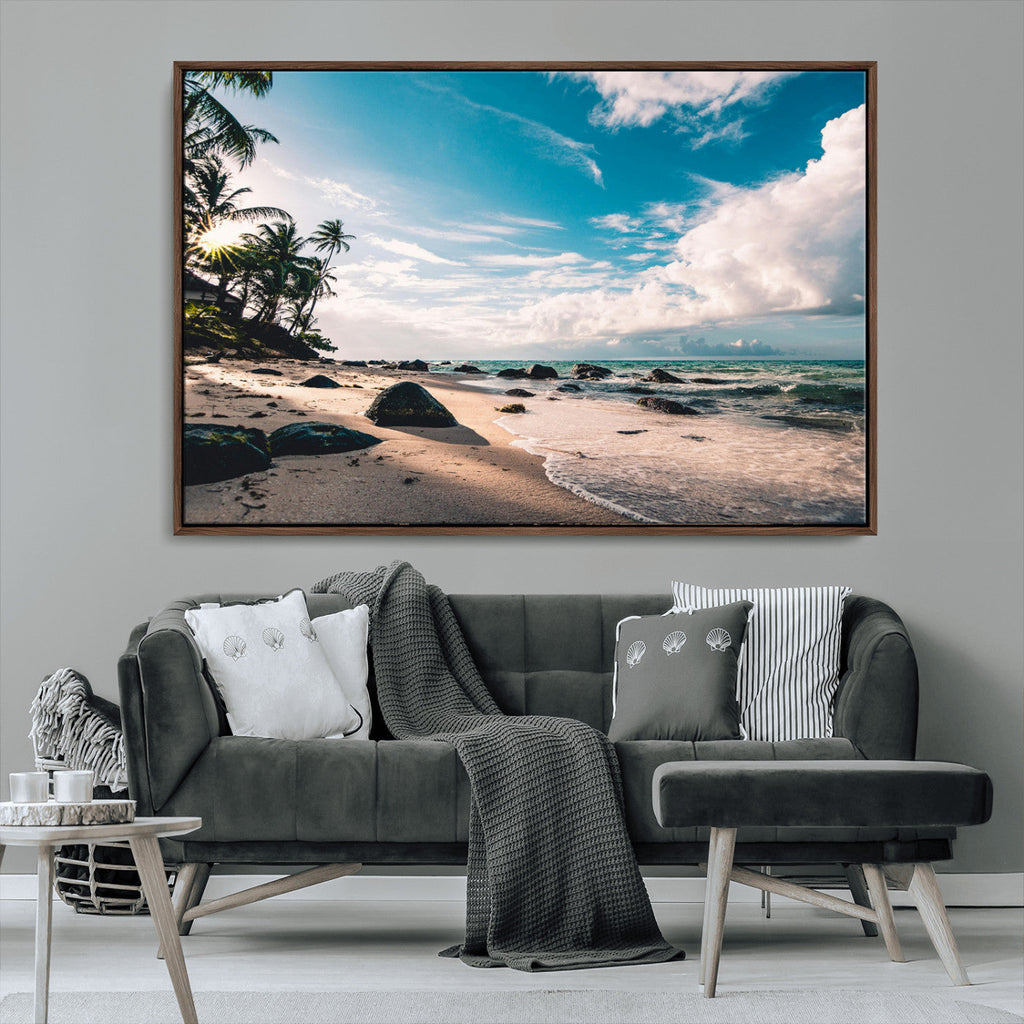 Tropical Beach Wall Art Canvas Print, Framed Ocean Waves Relaxing Seascape