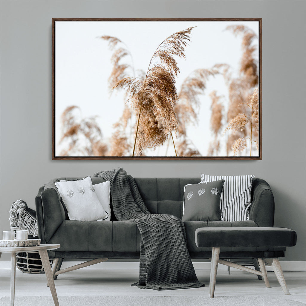 Pampas Grass Wall Art Canvas Print, Framed Neutral Tones Minimalist Boho