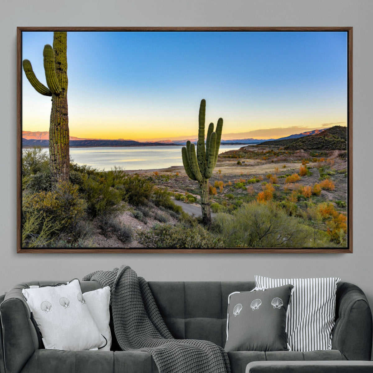 Saguaro Cactus Wall Art Canvas Print, Framed Desert Sunset Southwestern