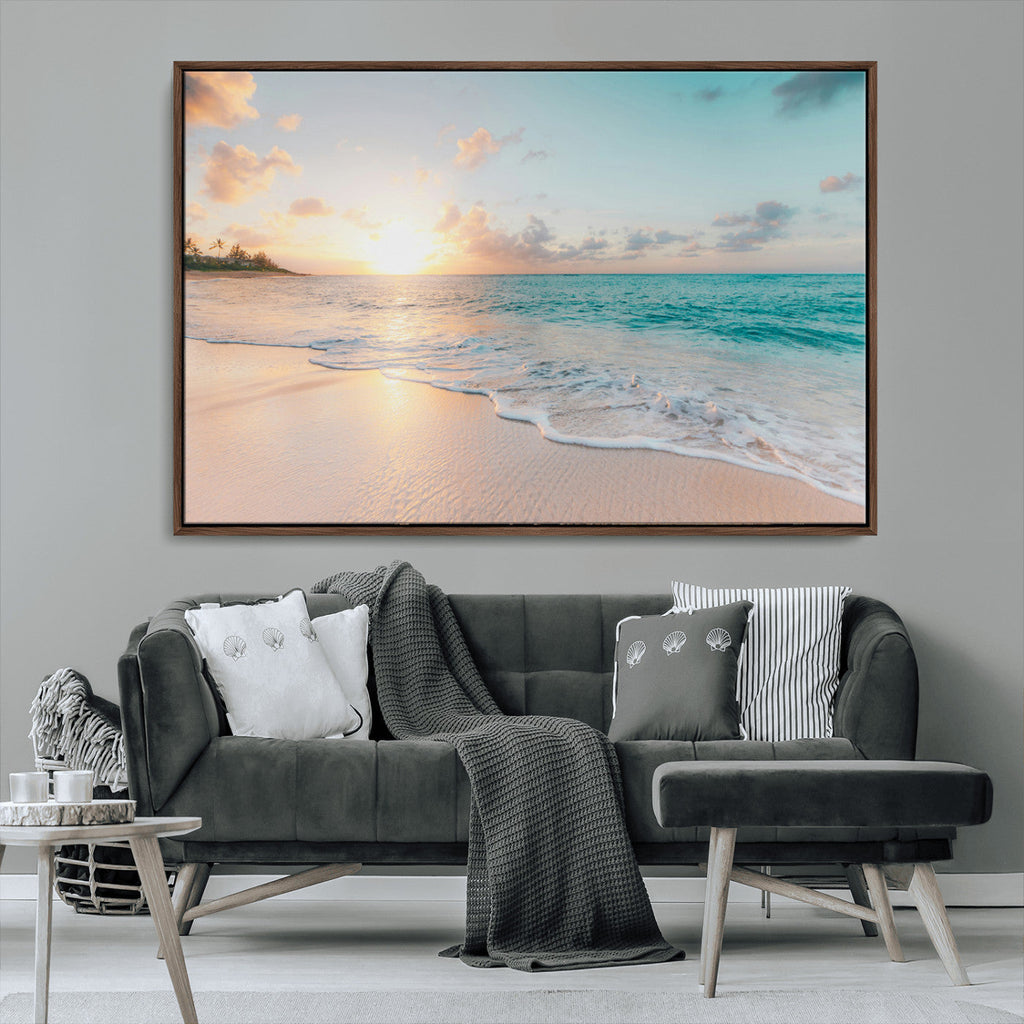 Beach Sunset Wall Art Canvas Print, Framed Ocean Waves Summer Escape
