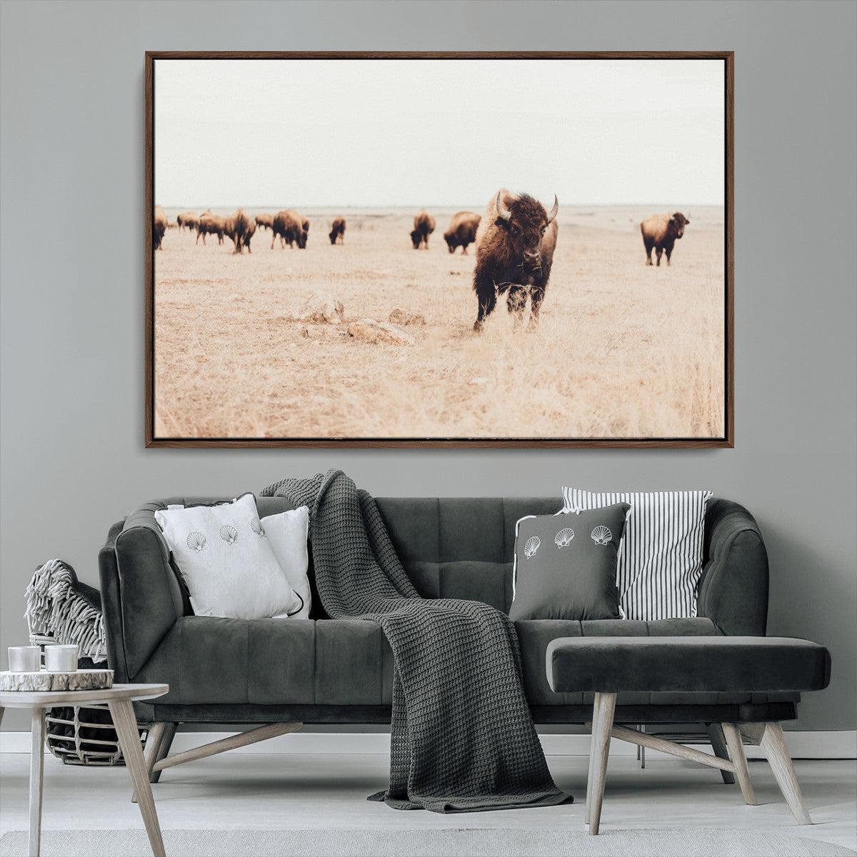 Bison Herd Wall Art Canvas Print, Framed Western Prairie Serenity