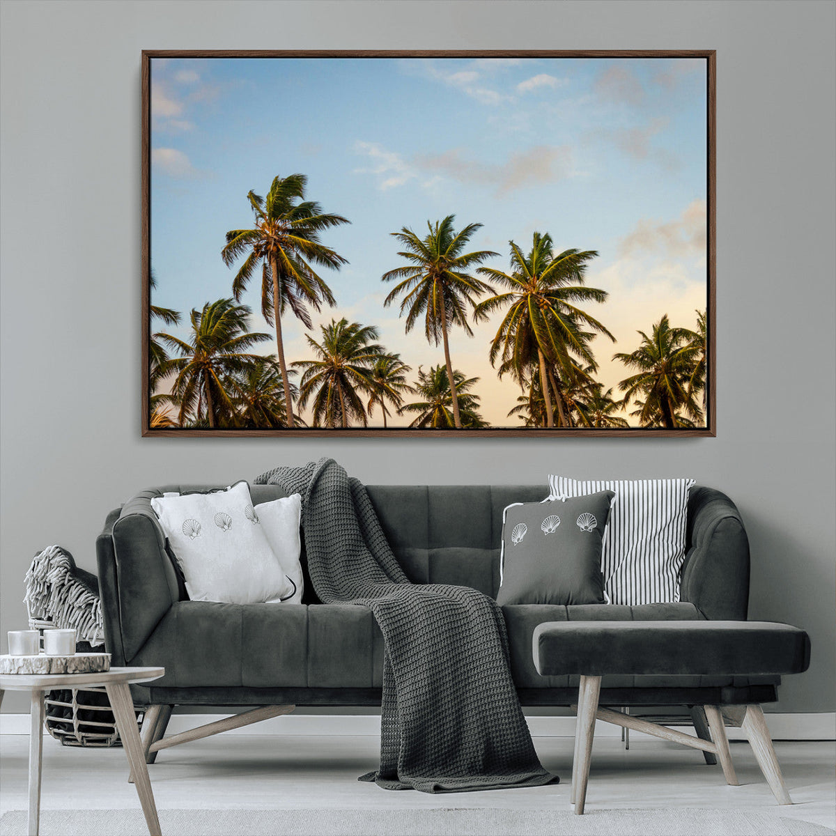 Palm Trees Wall Art Canvas Print, Framed Tropical Vibes Coastal Sunset
