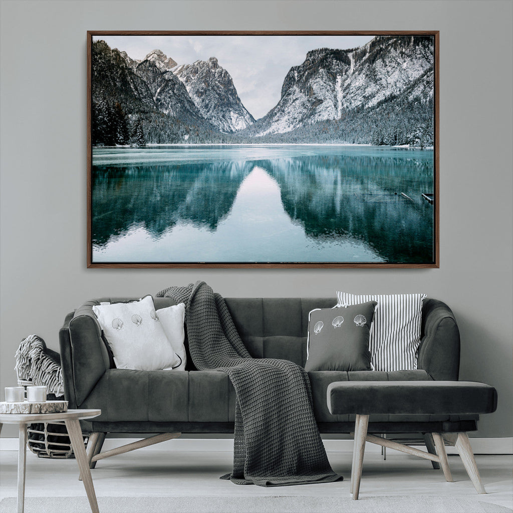 Mountain Lake Wall Art Canvas Print, Framed Toblacher See Winter Wonderland