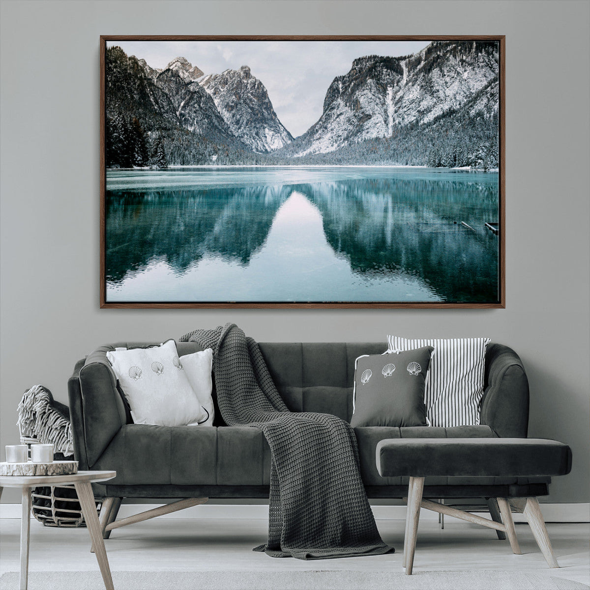 Mountain Lake Wall Art Canvas Print, Framed Toblacher See Winter Wonderland
