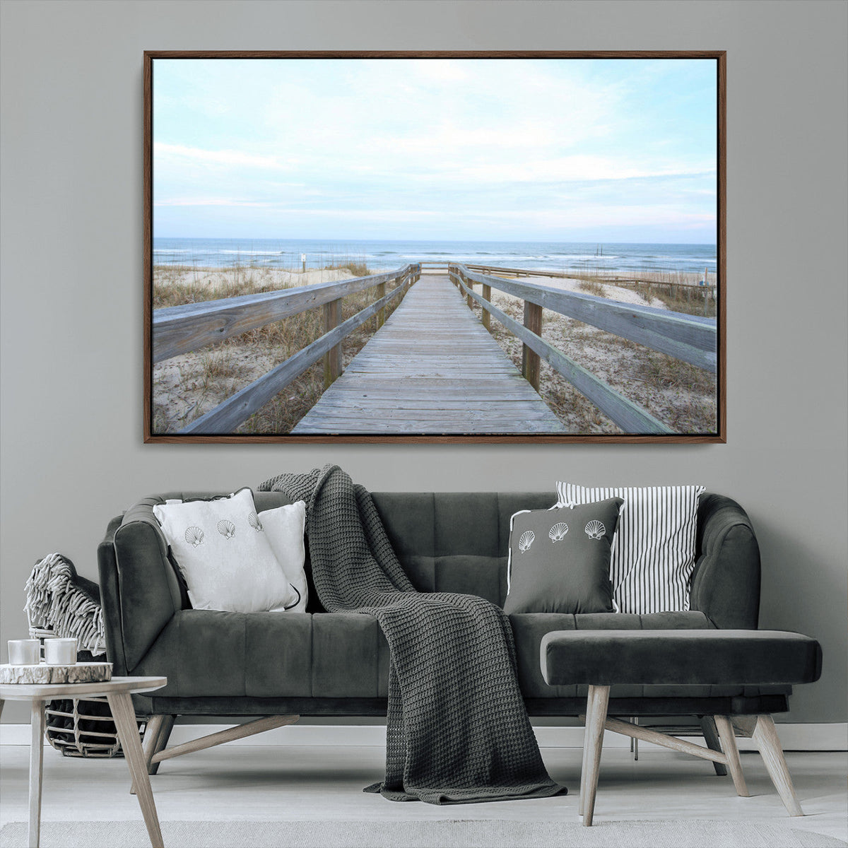 Beach Boardwalk Wall Art Canvas Print, Framed Coastal Serenity Ocean View