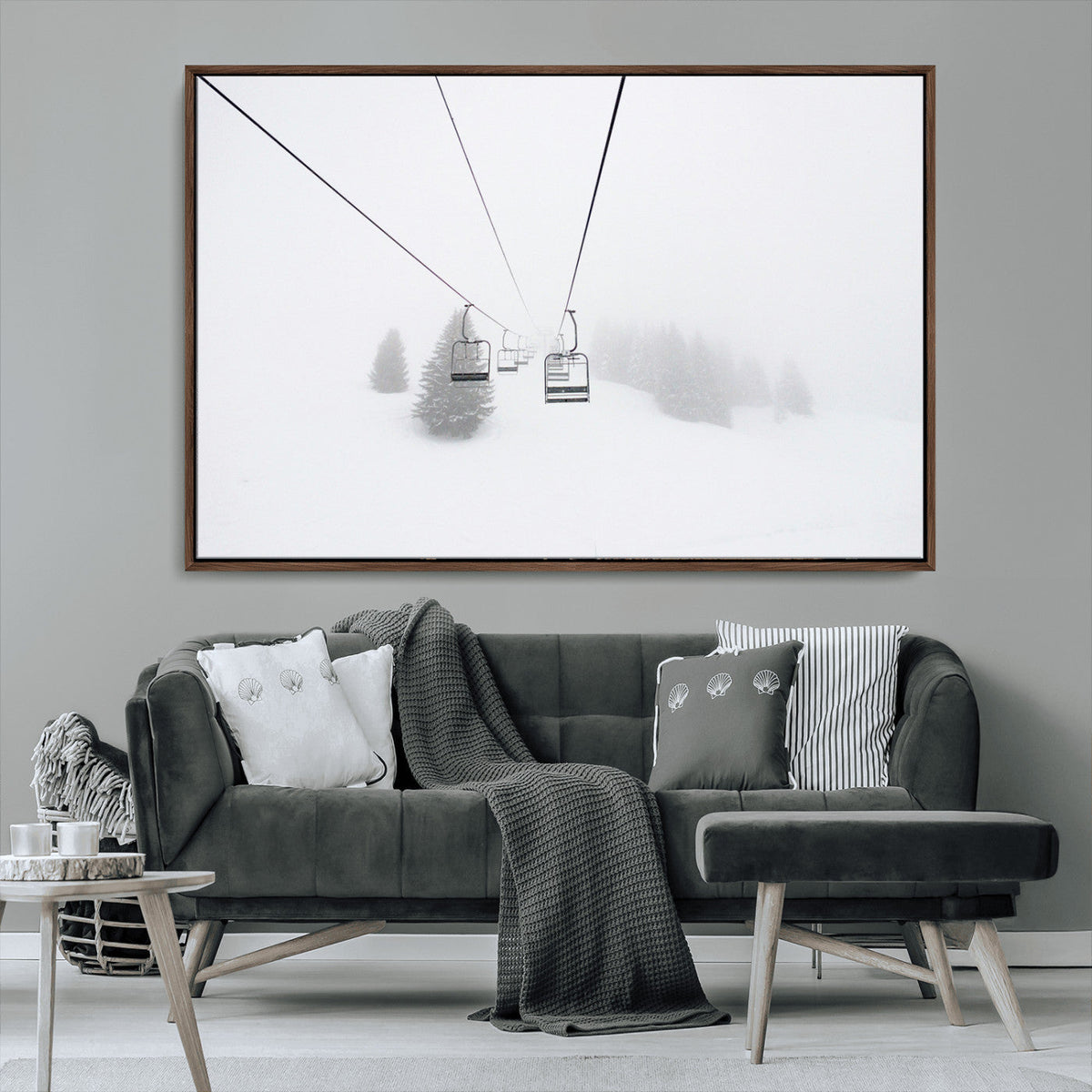 Ski Lift Wall Art Canvas Print, Framed Snowy Landscape Art, Alpine Adventure Nordic Minimalist Decor
