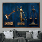 Lady Justice Wall Art Canvas Print, Elegant Gold Legal Symbols on Blue, Law Office Decor