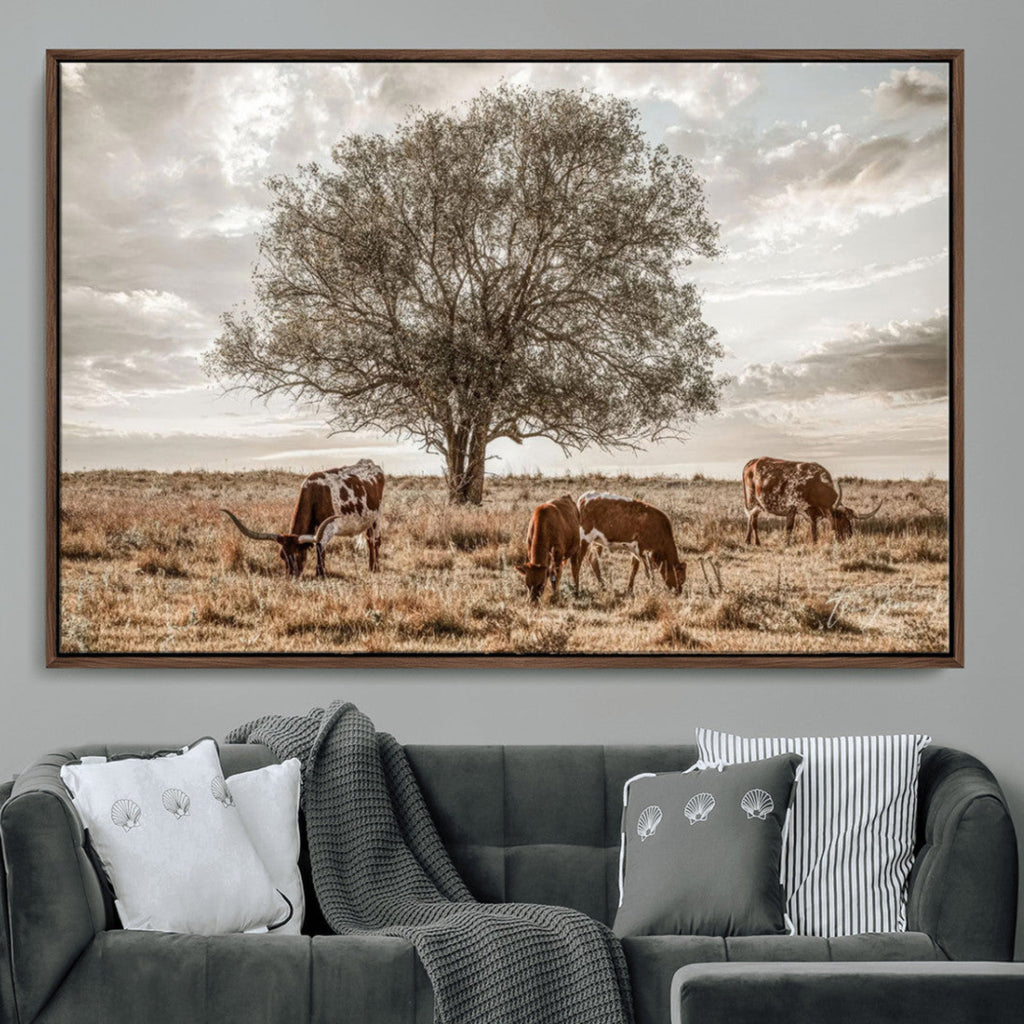 Texas Longhorn Cattle Wall Art, Rustic Western Ranch Canvas